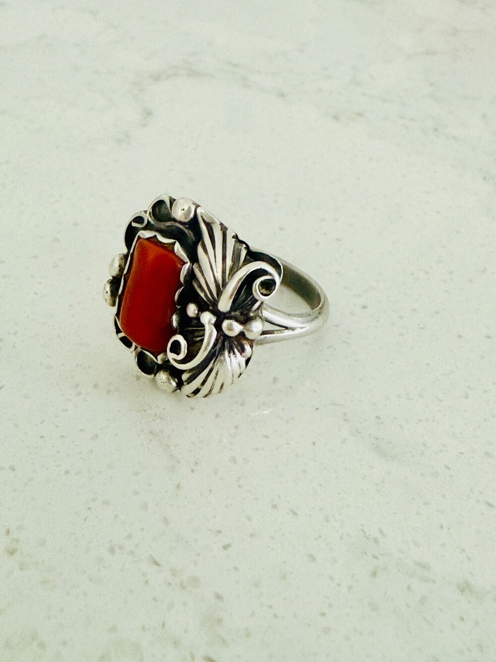 Vintage Navajo Sterling Silver Genuine Coral Ring | BB Hallmark | Size 7.5